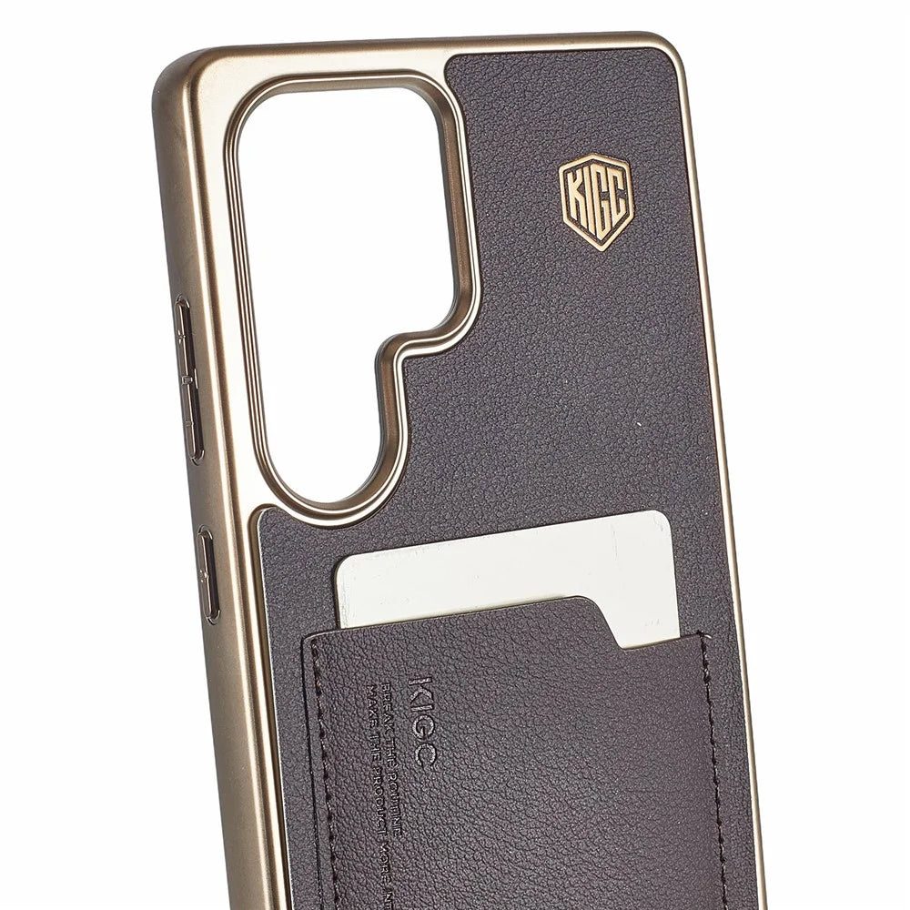 KIGC For Samsung Galaxy S25 Ultra Case Leather + PC + TPU Electroplating Phone Cover with Card Holder - Titanium Gold - 6