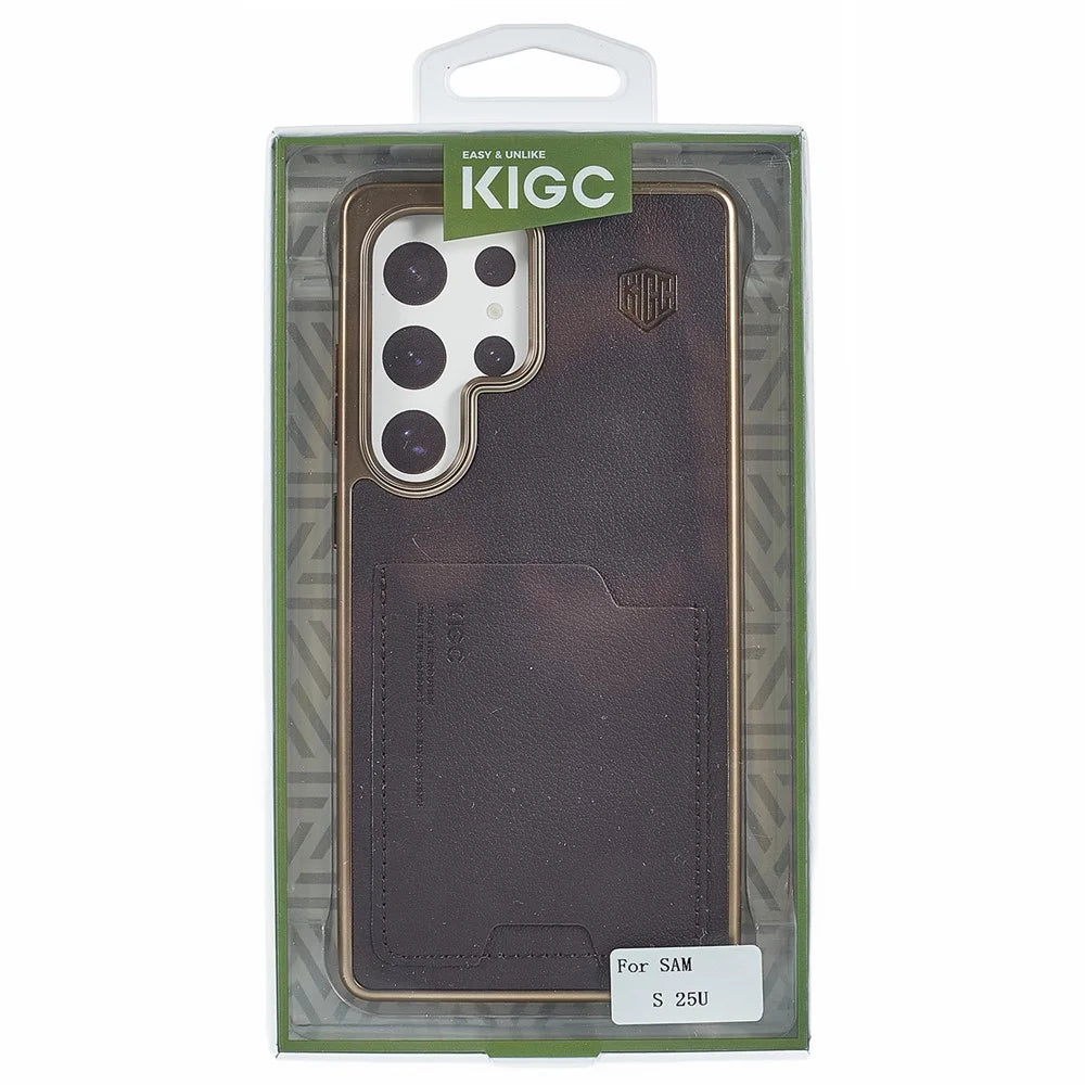 KIGC For Samsung Galaxy S25 Ultra Case Leather + PC + TPU Electroplating Phone Cover with Card Holder - Titanium Gold - 7