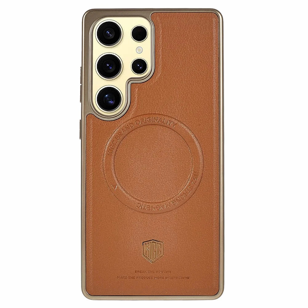 KIGC For Samsung Galaxy S25 Ultra Magnetic Case PC + TPU + PU Electroplating Phone Cover - Titanium Gold - 1