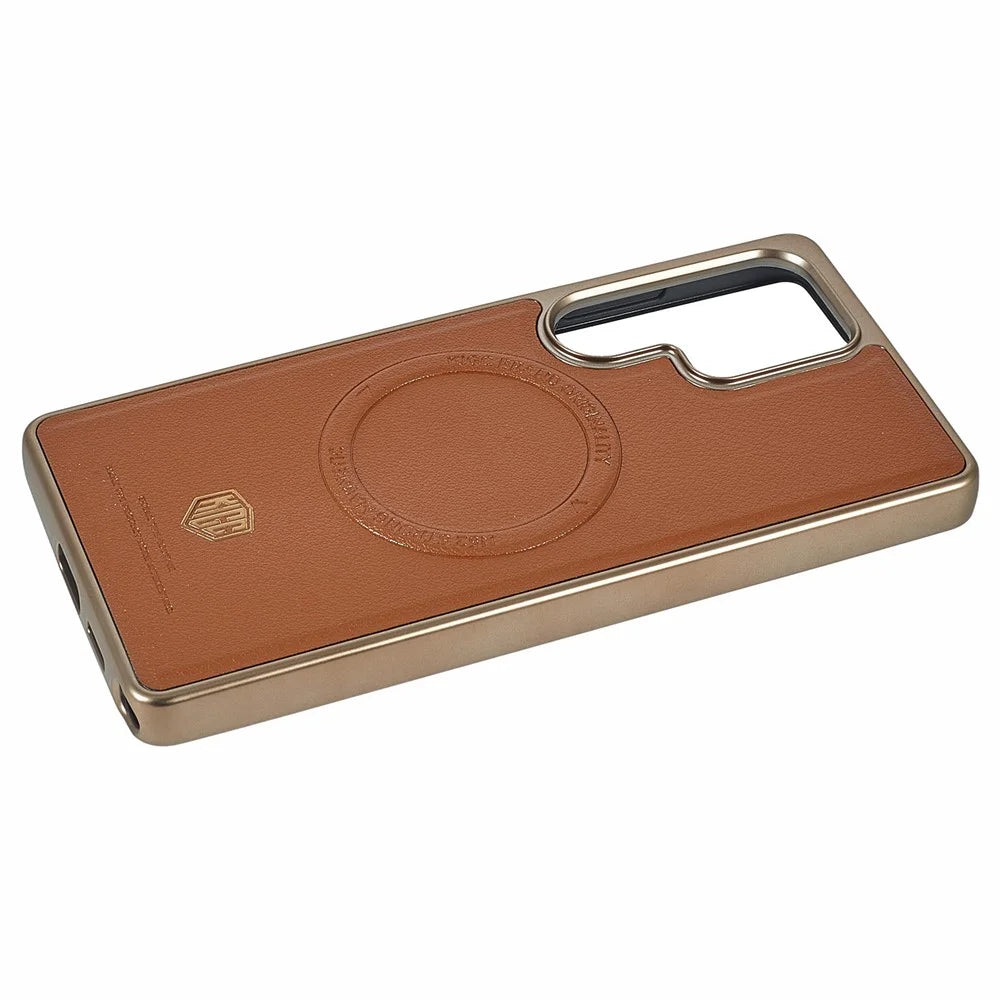 KIGC For Samsung Galaxy S25 Ultra Magnetic Case PC + TPU + PU Electroplating Phone Cover - Titanium Gold - 4