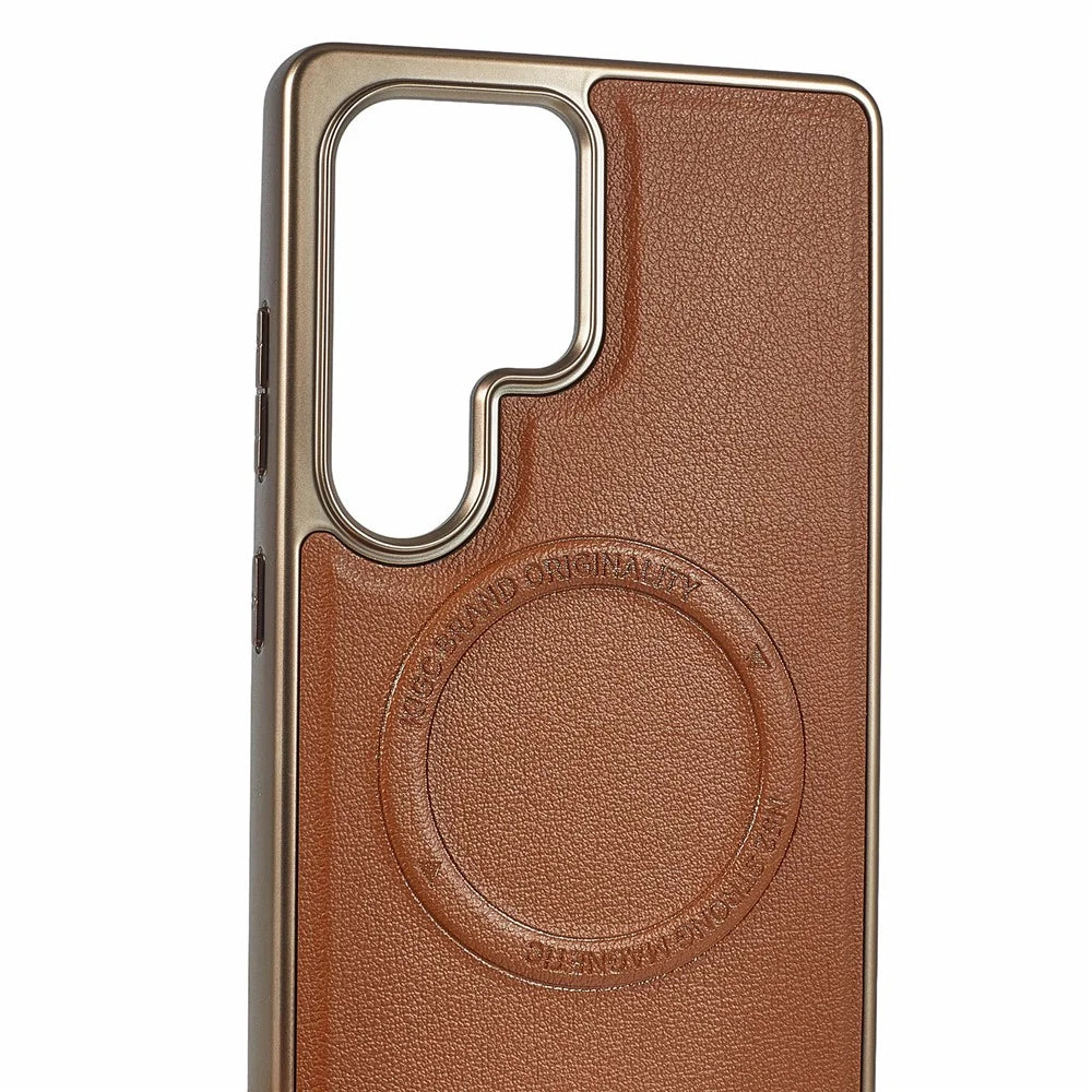 KIGC For Samsung Galaxy S25 Ultra Magnetic Case PC + TPU + PU Electroplating Phone Cover - Titanium Gold - 6