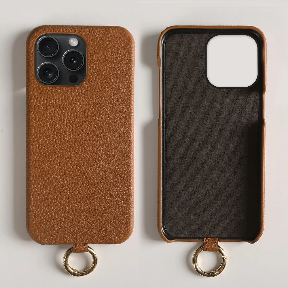 For iPhone 13 Pro Case with Lanyard Genuine Cow Leather PC Phone Back Cover - Brown - 2