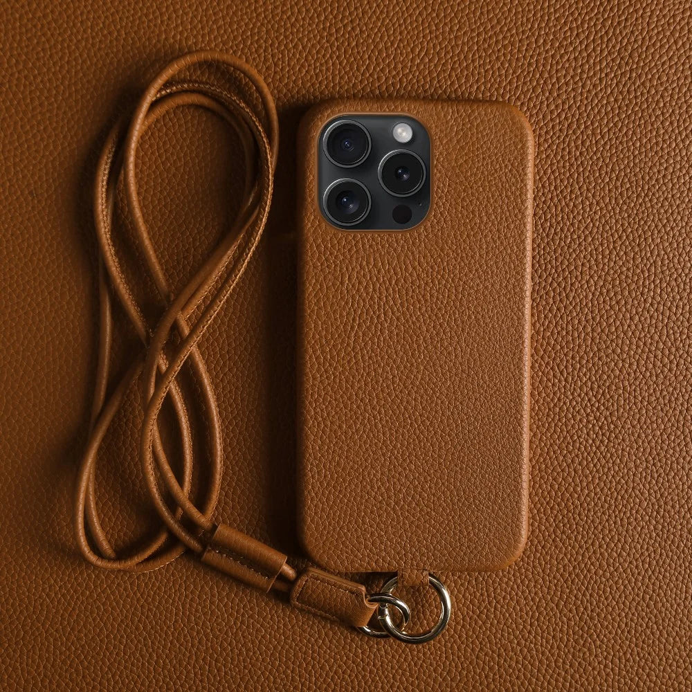 For iPhone 13 Pro Case with Lanyard Genuine Cow Leather PC Phone Back Cover - Brown - 3