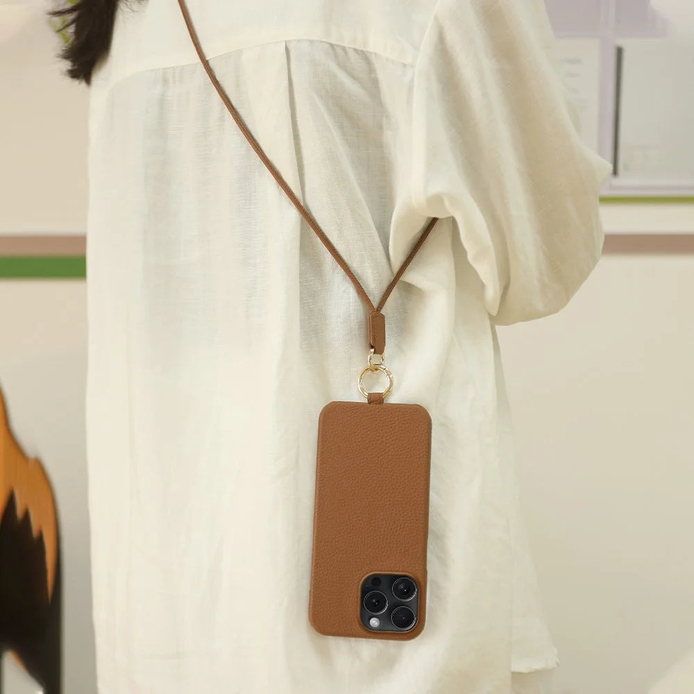 For iPhone 13 Pro Case with Lanyard Genuine Cow Leather PC Phone Back Cover - Brown - 7