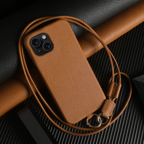 For iPhone 13 Case with Lanyard Genuine Cow Leather PC Phone Back Cover - Brown - 1