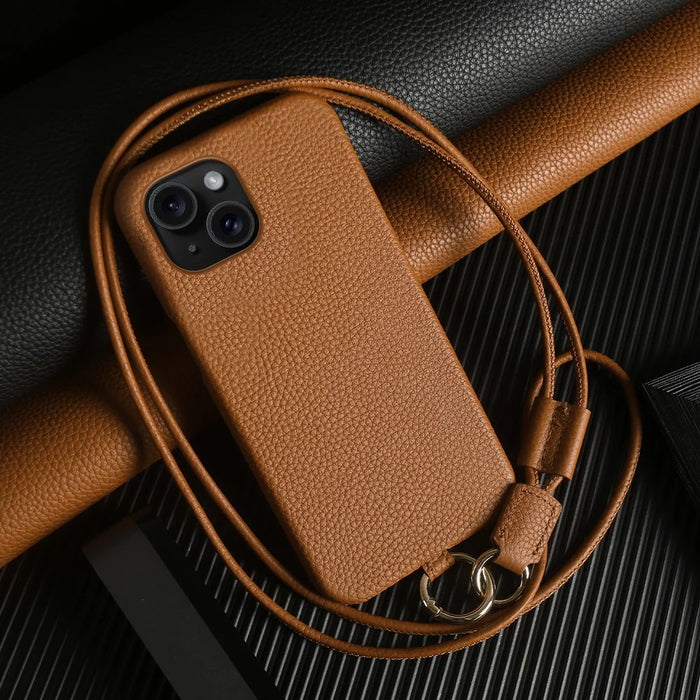 For iPhone 13 Case with Lanyard Genuine Cow Leather PC Phone Back Cover - Brown - 1