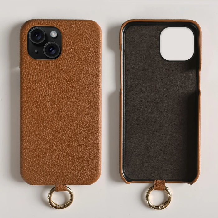 For iPhone 13 Case with Lanyard Genuine Cow Leather PC Phone Back Cover - Brown - 2
