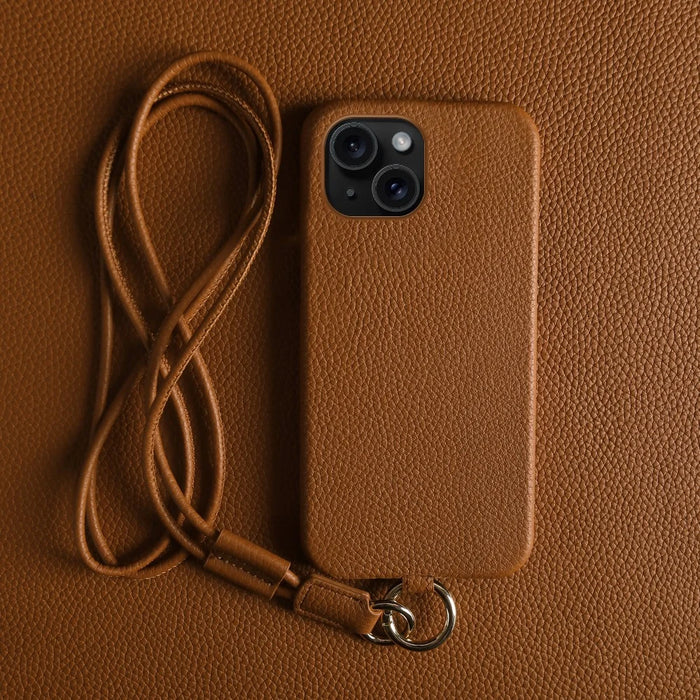 For iPhone 13 Case with Lanyard Genuine Cow Leather PC Phone Back Cover - Brown - 3