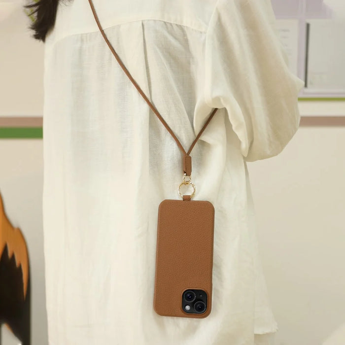 For iPhone 13 Case with Lanyard Genuine Cow Leather PC Phone Back Cover - Brown - 7