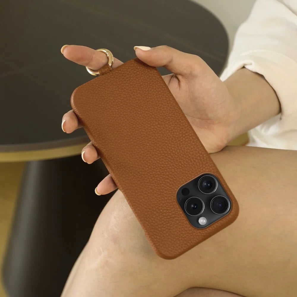 For iPhone 14 Pro Case with Lanyard Genuine Cow Leather PC Phone Back Cover - Brown - 6