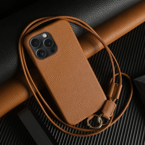 For iPhone 15 Pro Case with Lanyard Genuine Cow Leather PC Phone Back Cover - Brown - 1
