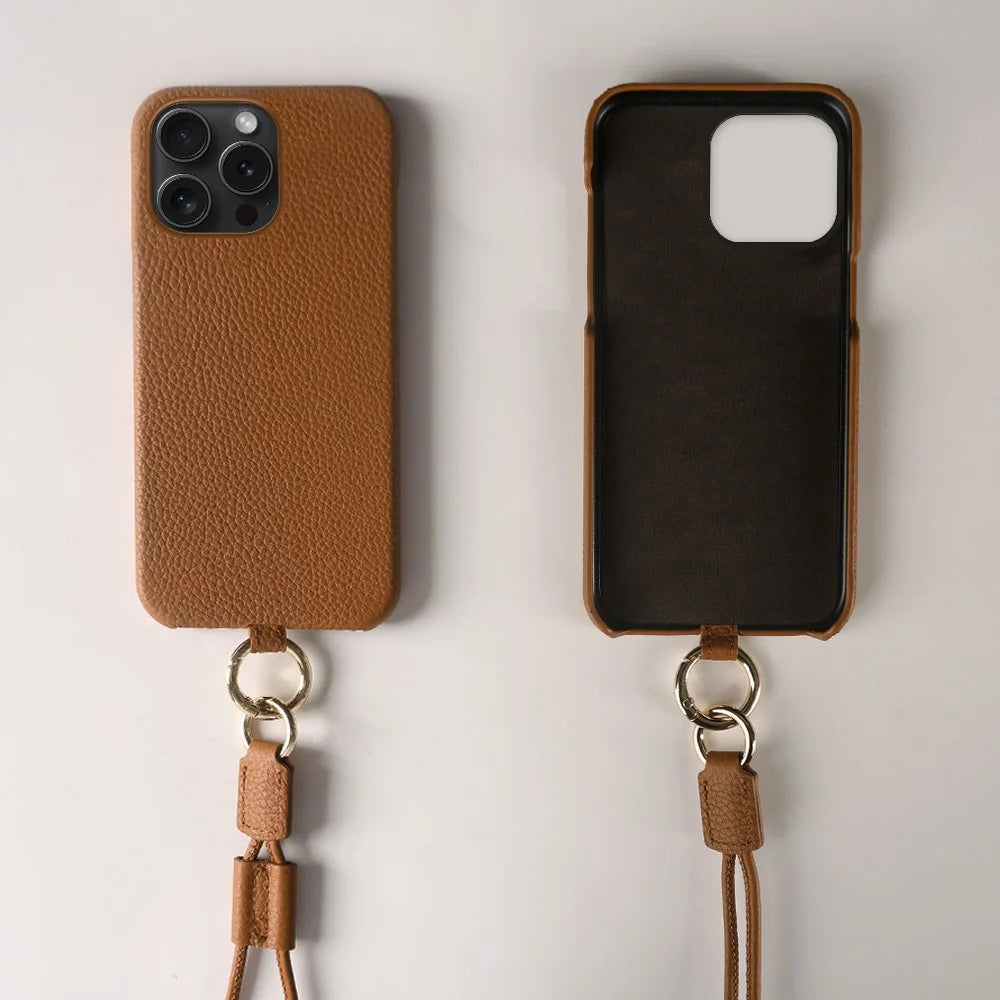 For iPhone 15 Pro Case with Lanyard Genuine Cow Leather PC Phone Back Cover - Brown - 5