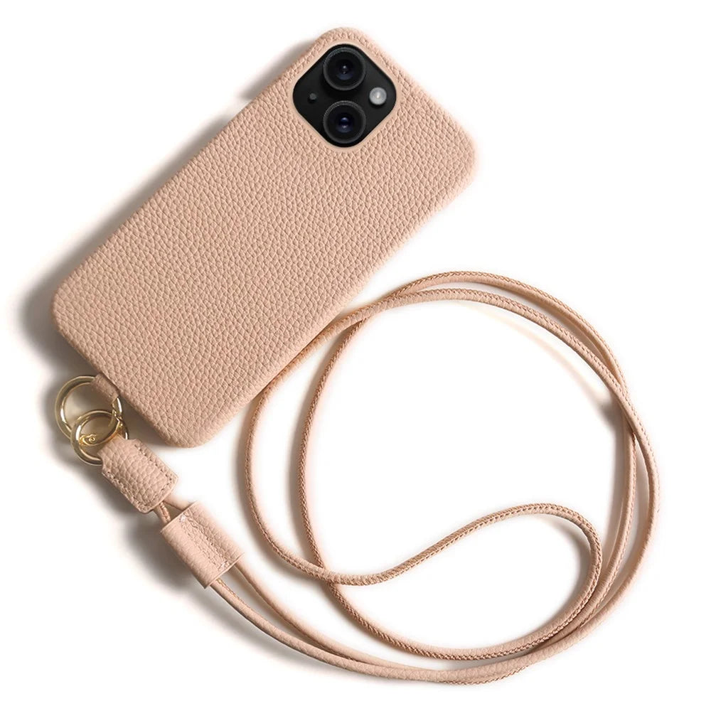 For iPhone 14 Case with Lanyard Genuine Cow Leather PC Phone Back Cover - Pink - 1