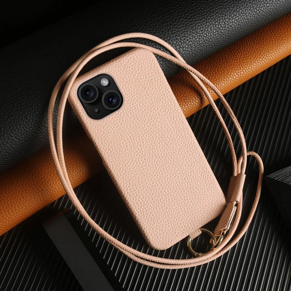 For iPhone 14 Case with Lanyard Genuine Cow Leather PC Phone Back Cover - Pink - 2
