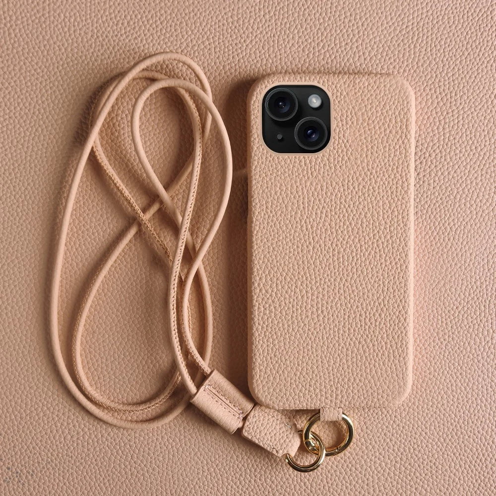 For iPhone 14 Case with Lanyard Genuine Cow Leather PC Phone Back Cover - Pink - 3