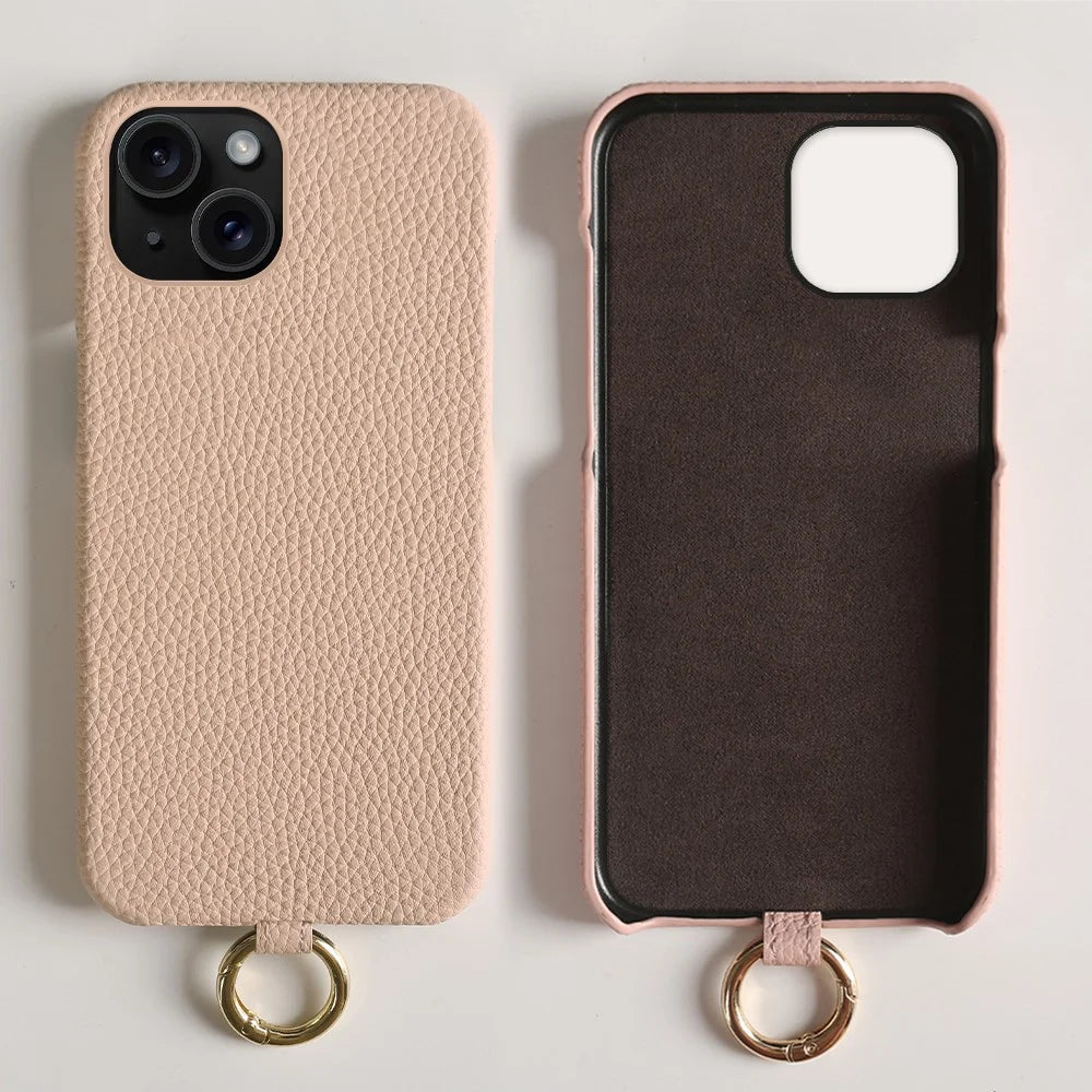 For iPhone 14 Case with Lanyard Genuine Cow Leather PC Phone Back Cover - Pink - 4