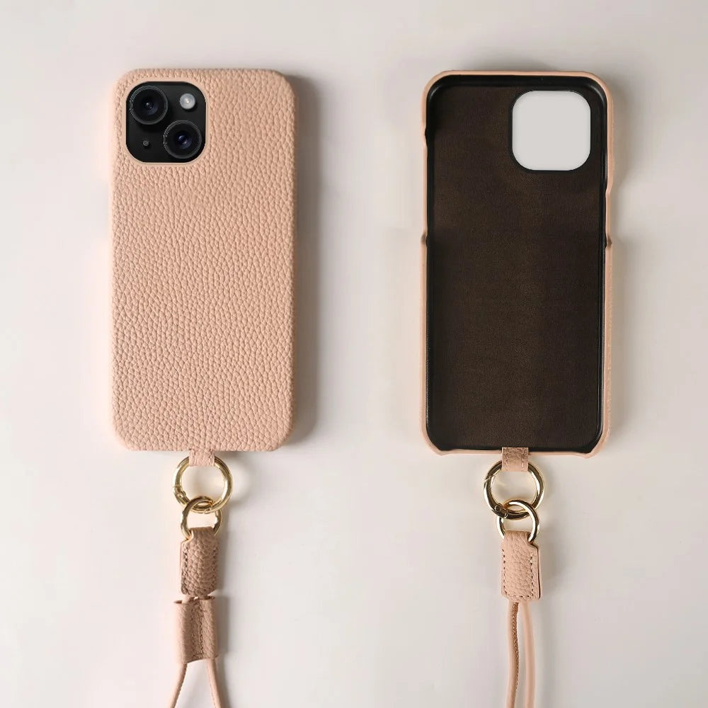 For iPhone 14 Case with Lanyard Genuine Cow Leather PC Phone Back Cover - Pink - 5