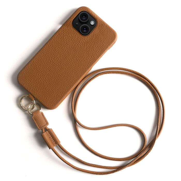 For iPhone 15 Case with Lanyard Genuine Cow Leather PC Phone Back Cover - Brown - 1