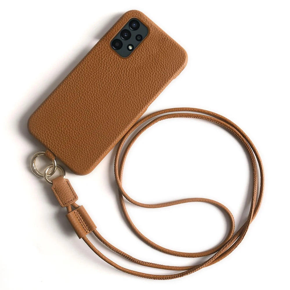 For Samsung Galaxy A13 4G Case with Lanyard Genuine Cow Leather PC Phone Back Cover - Brown - 1