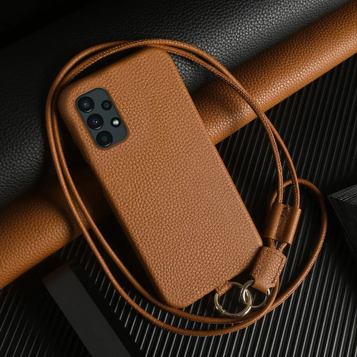 For Samsung Galaxy A13 4G Case with Lanyard Genuine Cow Leather PC Phone Back Cover - Brown - 2
