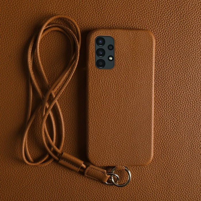 For Samsung Galaxy A13 4G Case with Lanyard Genuine Cow Leather PC Phone Back Cover - Brown - 3