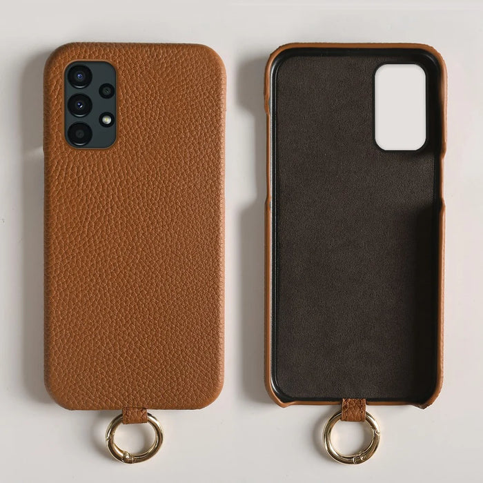 For Samsung Galaxy A13 4G Case with Lanyard Genuine Cow Leather PC Phone Back Cover - Brown - 4