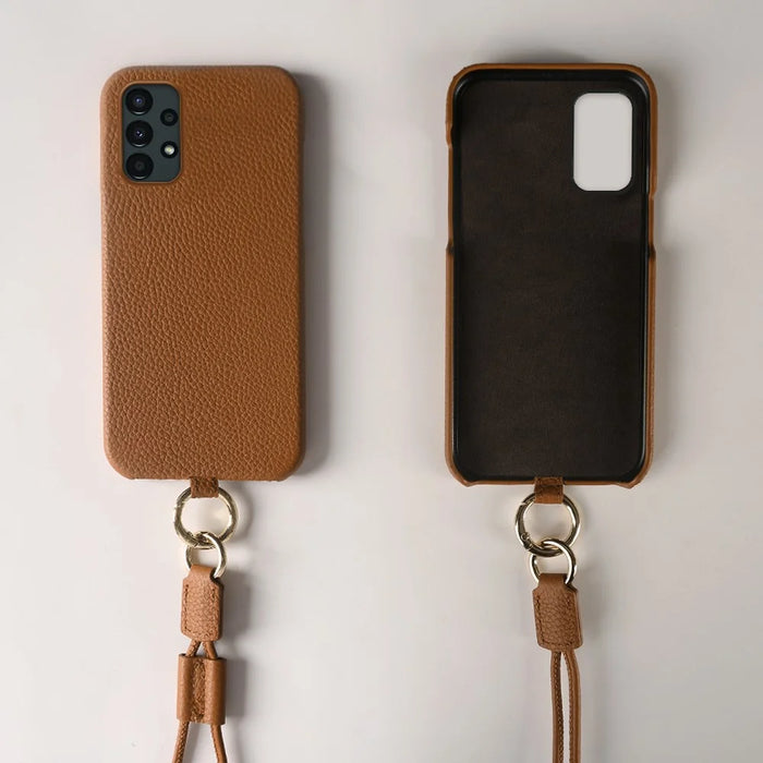 For Samsung Galaxy A13 4G Case with Lanyard Genuine Cow Leather PC Phone Back Cover - Brown - 5