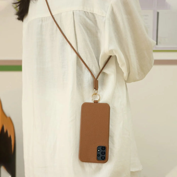 For Samsung Galaxy A13 4G Case with Lanyard Genuine Cow Leather PC Phone Back Cover - Brown - 6