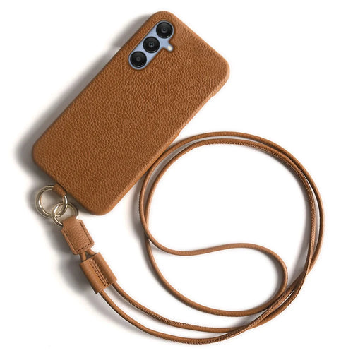 For Samsung Galaxy A25 5G (Global) (161.0 x 76.5 x 8.3mm) Case with Lanyard Genuine Cow Leather PC Phone Back Cover - Brown - 1