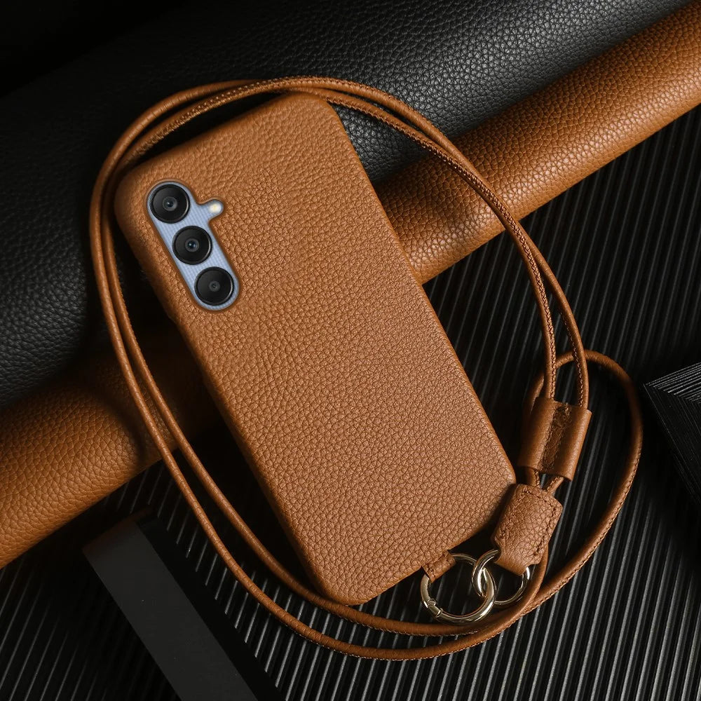 For Samsung Galaxy A25 5G (Global) (161.0 x 76.5 x 8.3mm) Case with Lanyard Genuine Cow Leather PC Phone Back Cover - Brown - 2