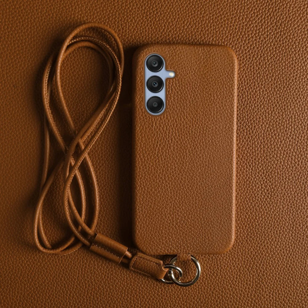 For Samsung Galaxy A25 5G (Global) (161.0 x 76.5 x 8.3mm) Case with Lanyard Genuine Cow Leather PC Phone Back Cover - Brown - 3