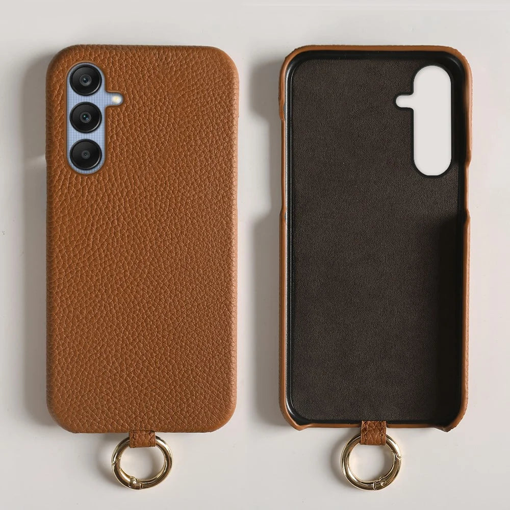 For Samsung Galaxy A25 5G (Global) (161.0 x 76.5 x 8.3mm) Case with Lanyard Genuine Cow Leather PC Phone Back Cover - Brown - 4