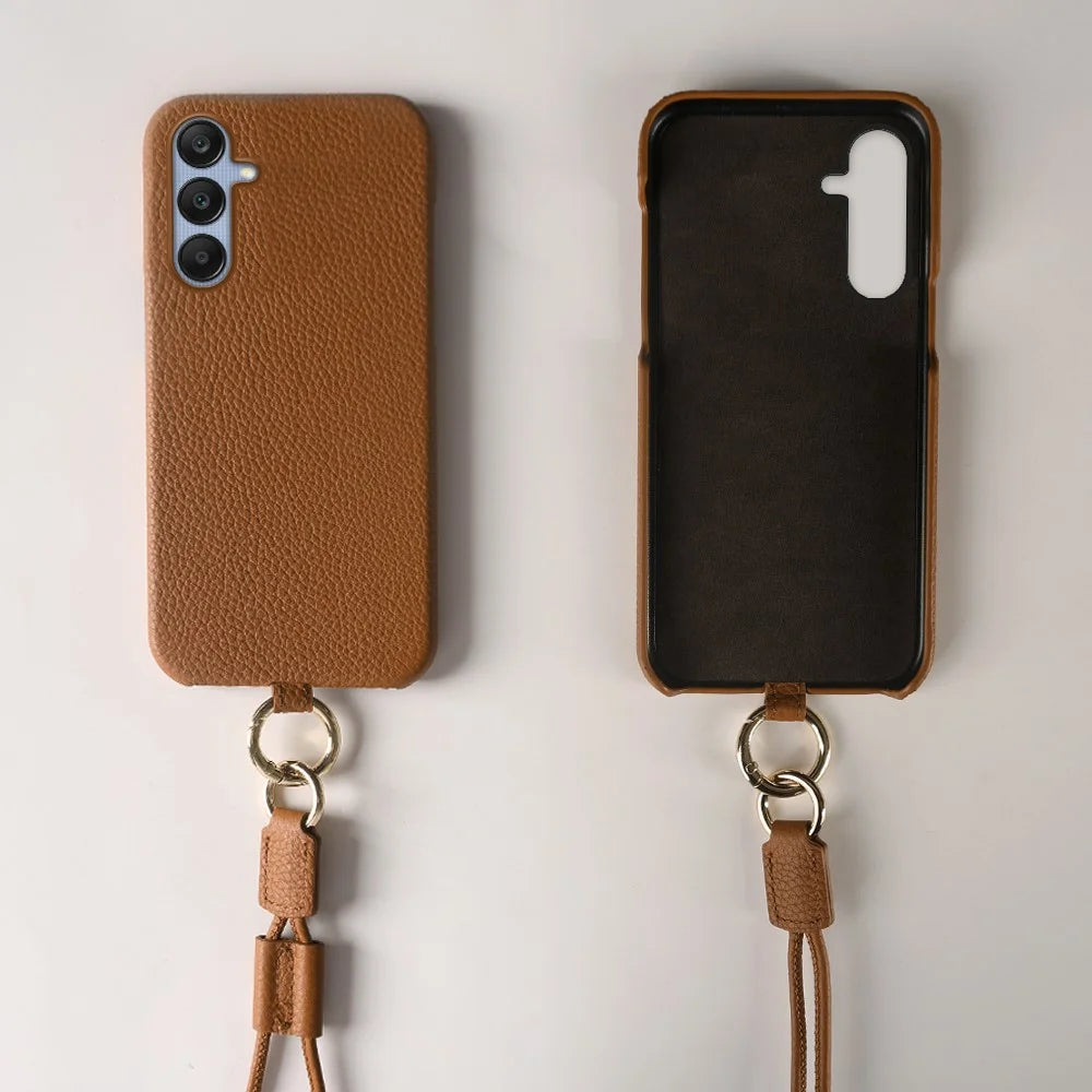 For Samsung Galaxy A25 5G (Global) (161.0 x 76.5 x 8.3mm) Case with Lanyard Genuine Cow Leather PC Phone Back Cover - Brown - 5
