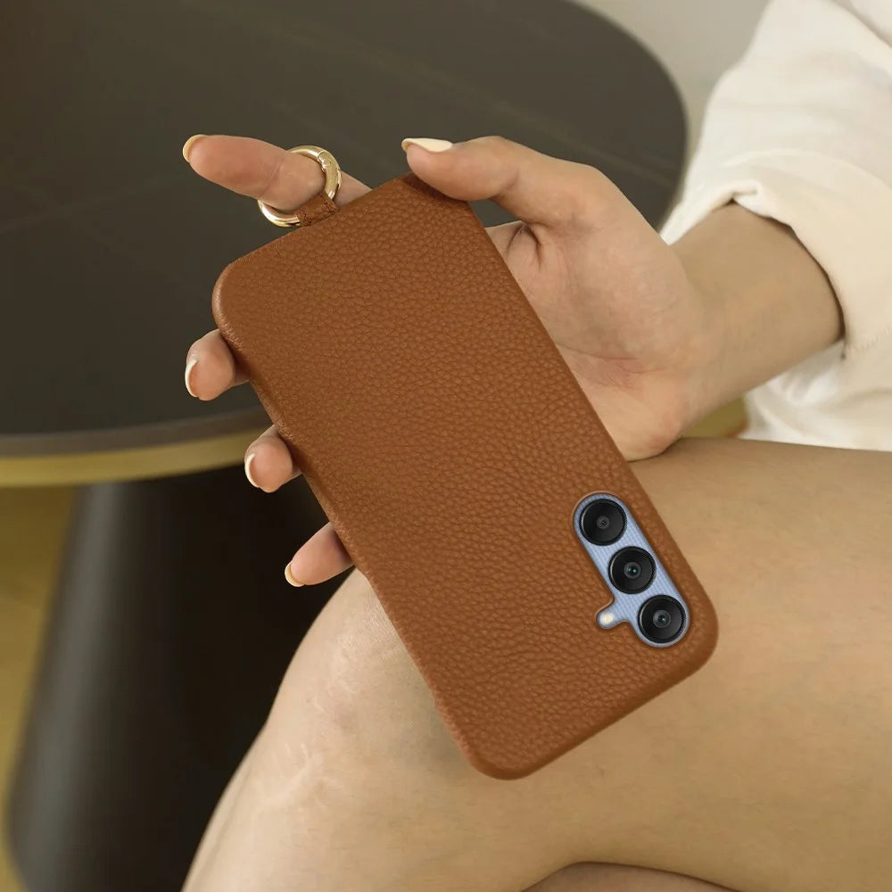 For Samsung Galaxy A25 5G (Global) (161.0 x 76.5 x 8.3mm) Case with Lanyard Genuine Cow Leather PC Phone Back Cover - Brown - 7
