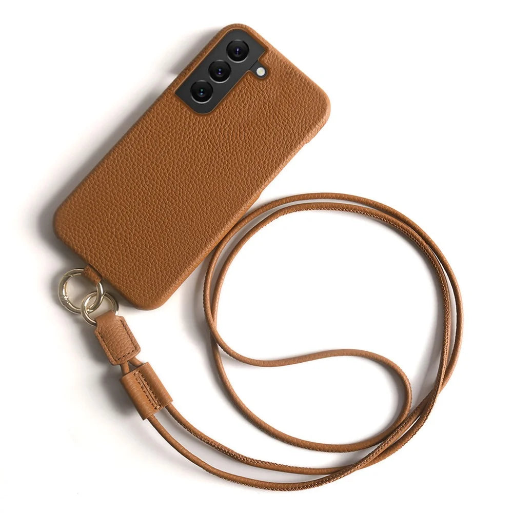 For Samsung Galaxy S22 5G Case with Lanyard Genuine Cow Leather PC Phone Back Cover - Brown - 1
