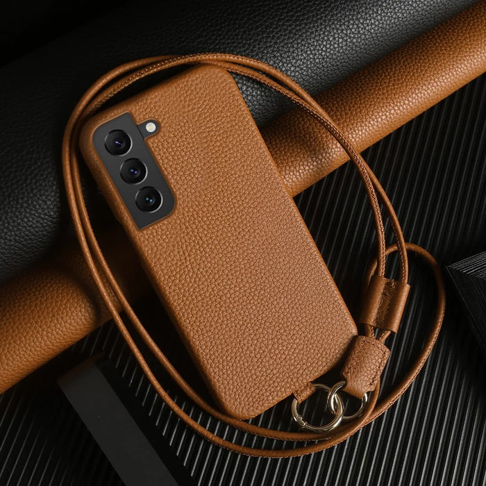 For Samsung Galaxy S22 5G Case with Lanyard Genuine Cow Leather PC Phone Back Cover - Brown - 2