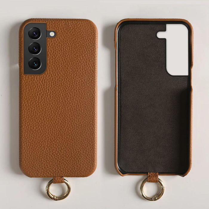 For Samsung Galaxy S22 5G Case with Lanyard Genuine Cow Leather PC Phone Back Cover - Brown - 4