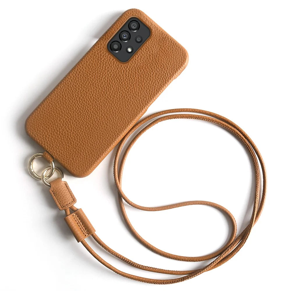 For Samsung Galaxy A33 5G Case with Lanyard Genuine Cow Leather PC Phone Back Cover - Brown - 1