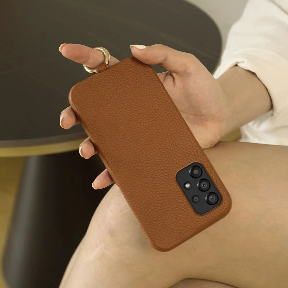 For Samsung Galaxy A33 5G Case with Lanyard Genuine Cow Leather PC Phone Back Cover - Brown - 3