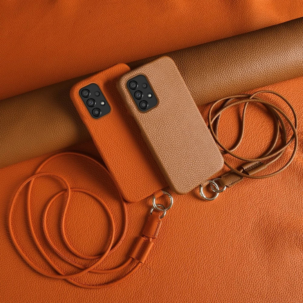 For Samsung Galaxy A33 5G Case with Lanyard Genuine Cow Leather PC Phone Back Cover - Brown - 4