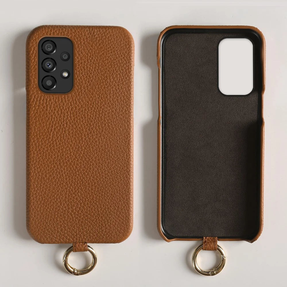 For Samsung Galaxy A33 5G Case with Lanyard Genuine Cow Leather PC Phone Back Cover - Brown - 6