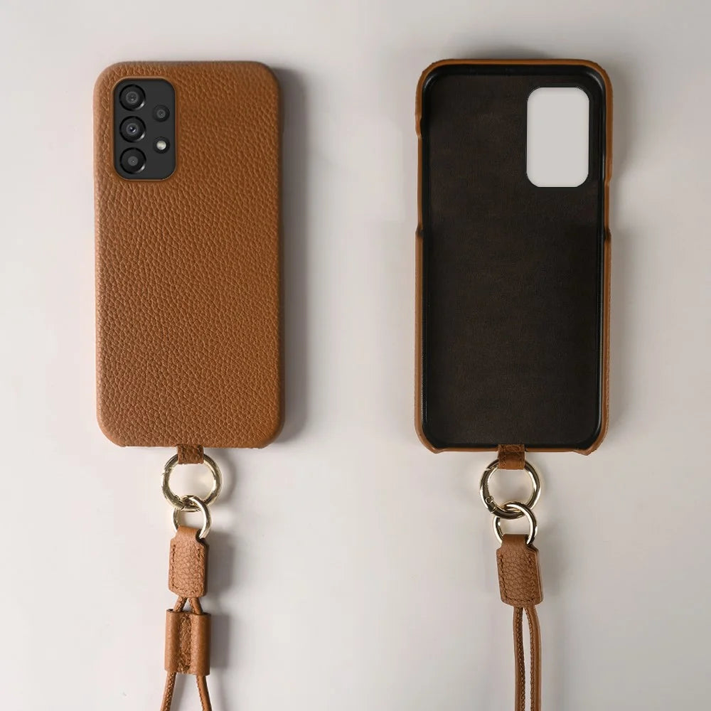 For Samsung Galaxy A33 5G Case with Lanyard Genuine Cow Leather PC Phone Back Cover - Brown - 7