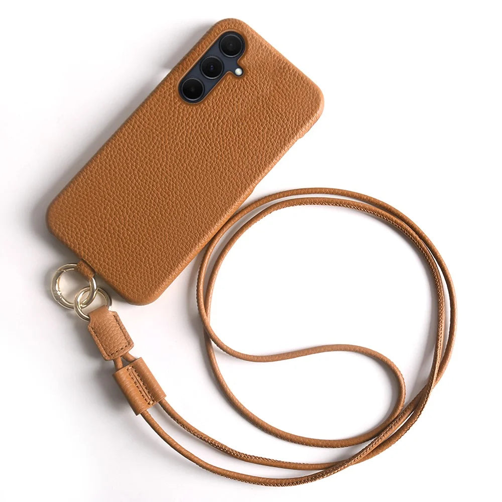 For Samsung Galaxy A35 5G Case with Lanyard Genuine Cow Leather PC Phone Back Cover - Brown - 1