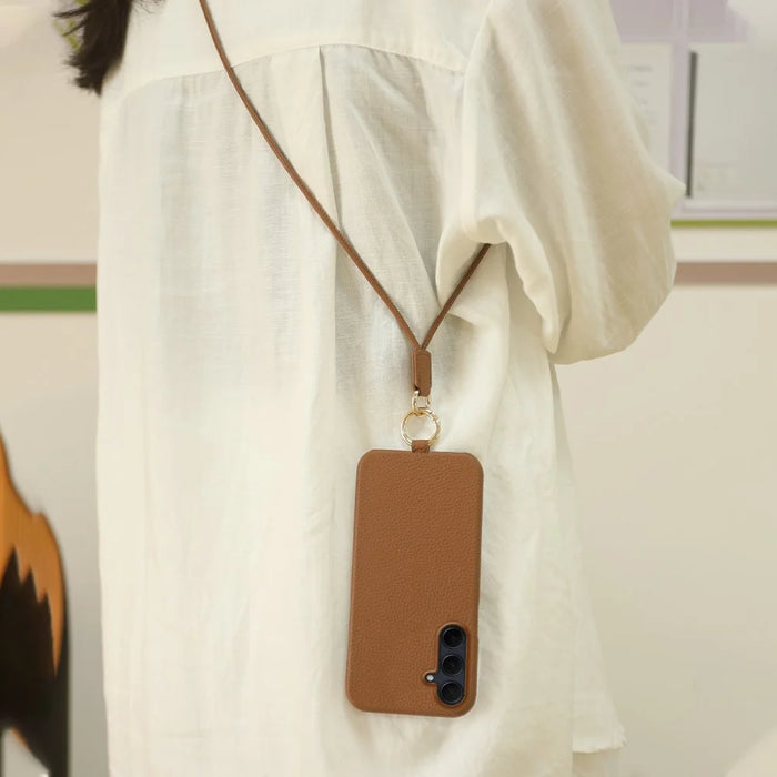 For Samsung Galaxy A35 5G Case with Lanyard Genuine Cow Leather PC Phone Back Cover - Brown - 2