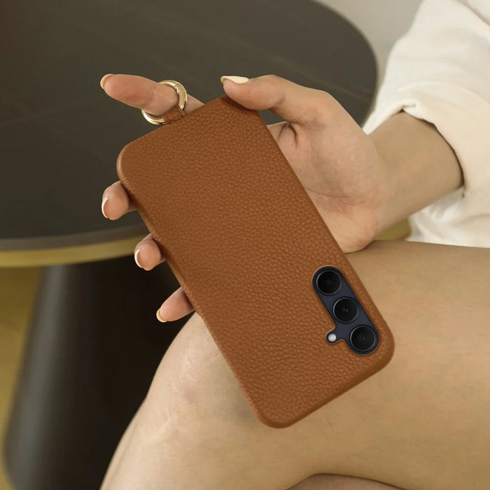 For Samsung Galaxy A35 5G Case with Lanyard Genuine Cow Leather PC Phone Back Cover - Brown - 3