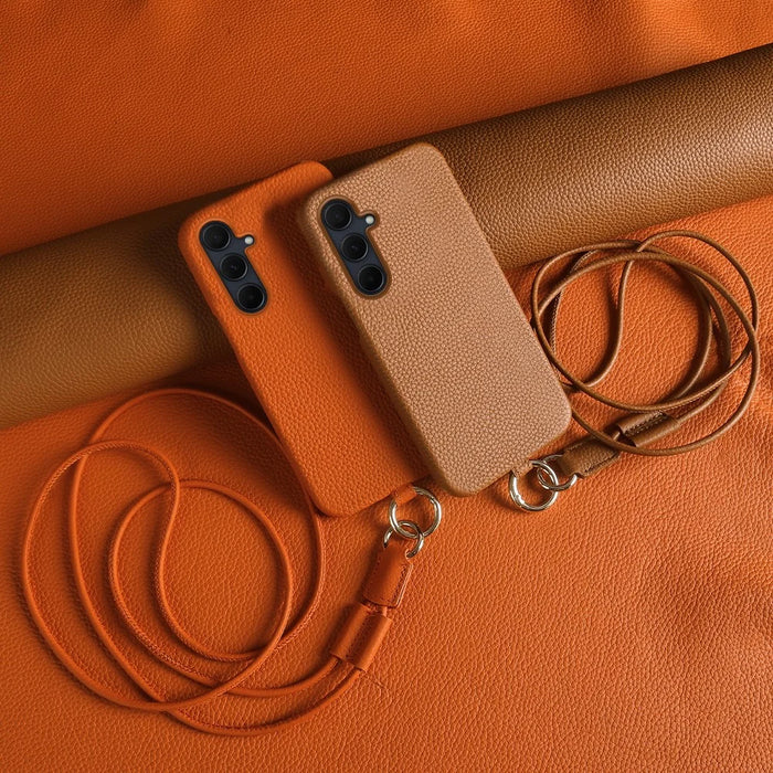 For Samsung Galaxy A35 5G Case with Lanyard Genuine Cow Leather PC Phone Back Cover - Brown - 5