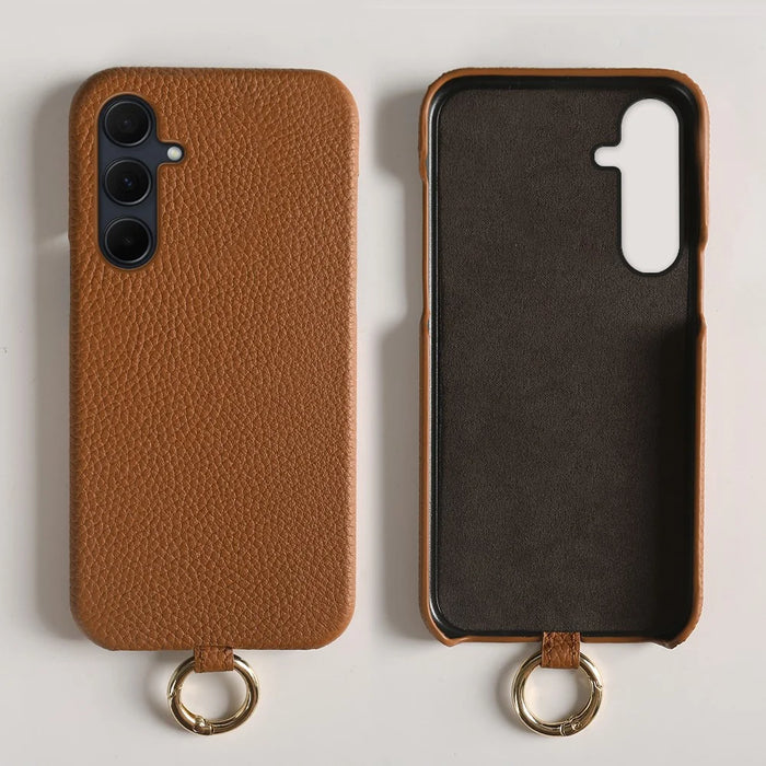 For Samsung Galaxy A35 5G Case with Lanyard Genuine Cow Leather PC Phone Back Cover - Brown - 6