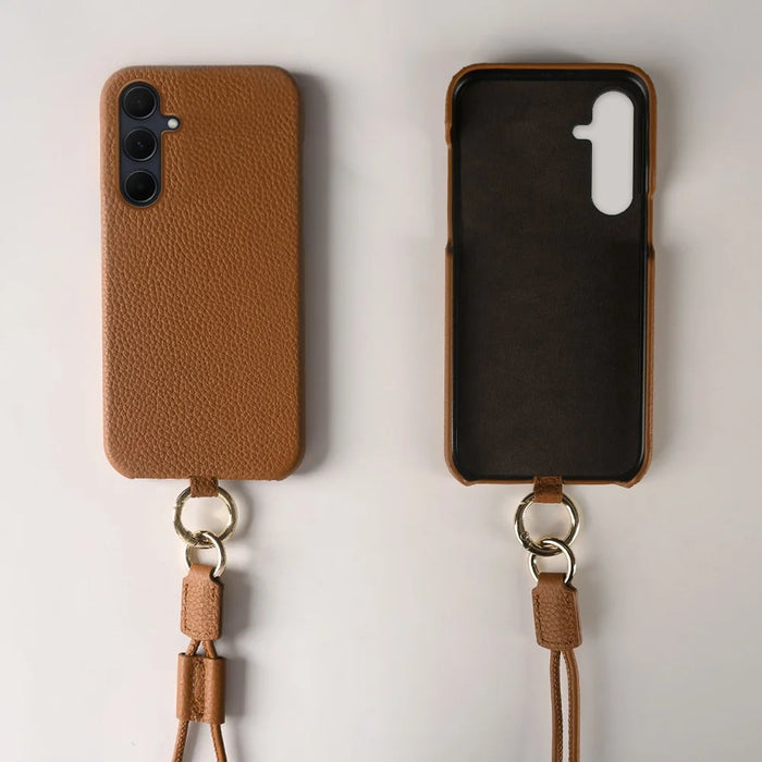 For Samsung Galaxy A35 5G Case with Lanyard Genuine Cow Leather PC Phone Back Cover - Brown - 7