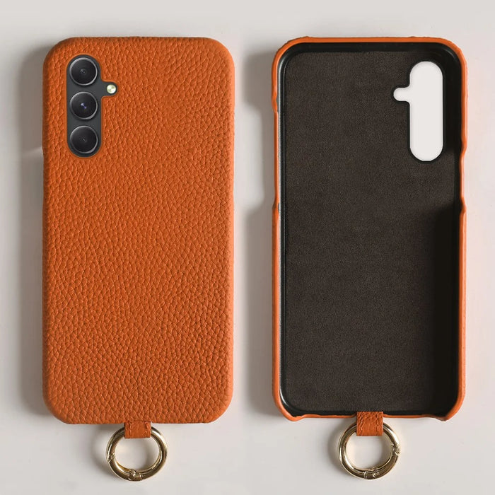 For Samsung Galaxy A54 5G Case with Lanyard Genuine Cow Leather PC Phone Back Cover - Orange - 2
