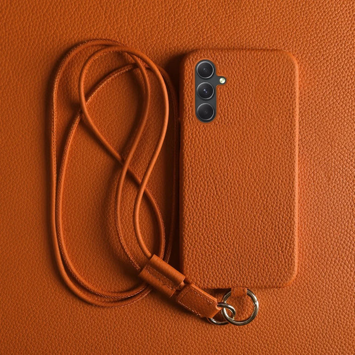 For Samsung Galaxy A54 5G Case with Lanyard Genuine Cow Leather PC Phone Back Cover - Orange - 3